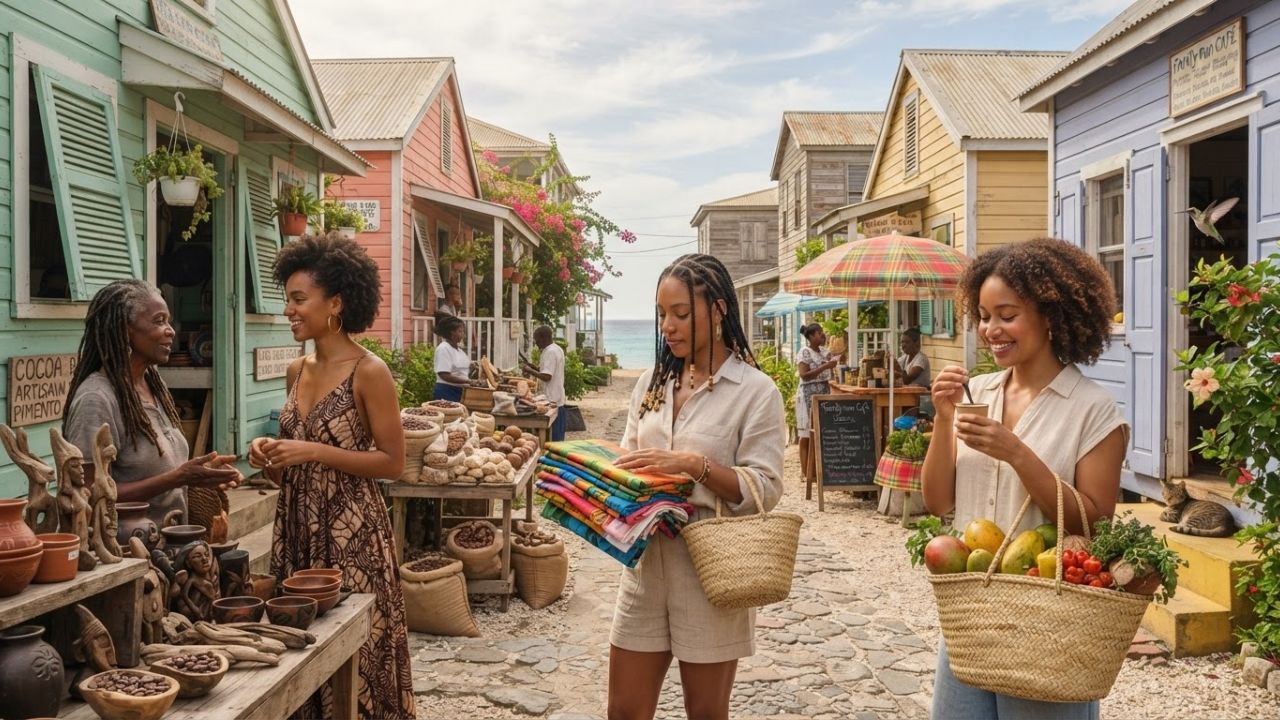 A scenic coastal village in the Caribbean with local boats docked near lush green hills