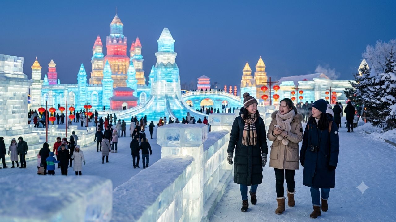 Illuminated ice sculptures and towers at Harbin Ice-Snow World at night