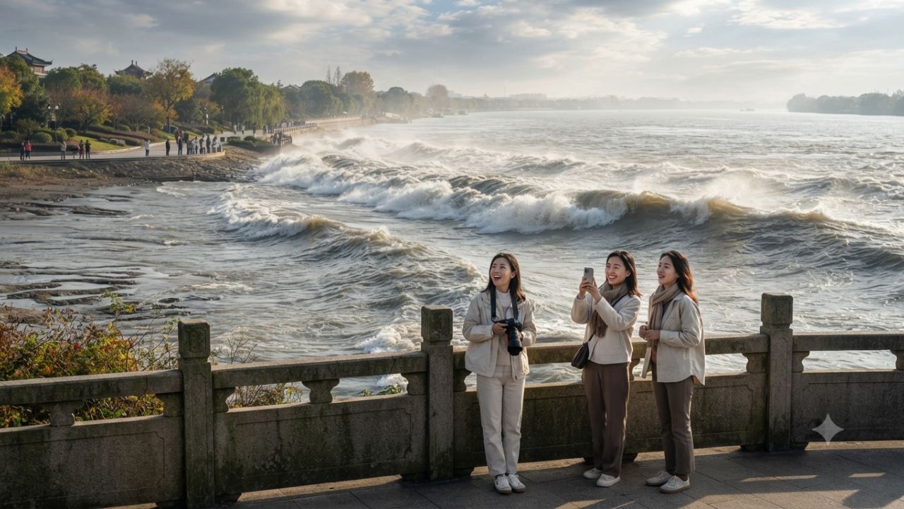 Massive Qiantang River tidal bore wave surging along the riverbanks in Haining Zhejiang China