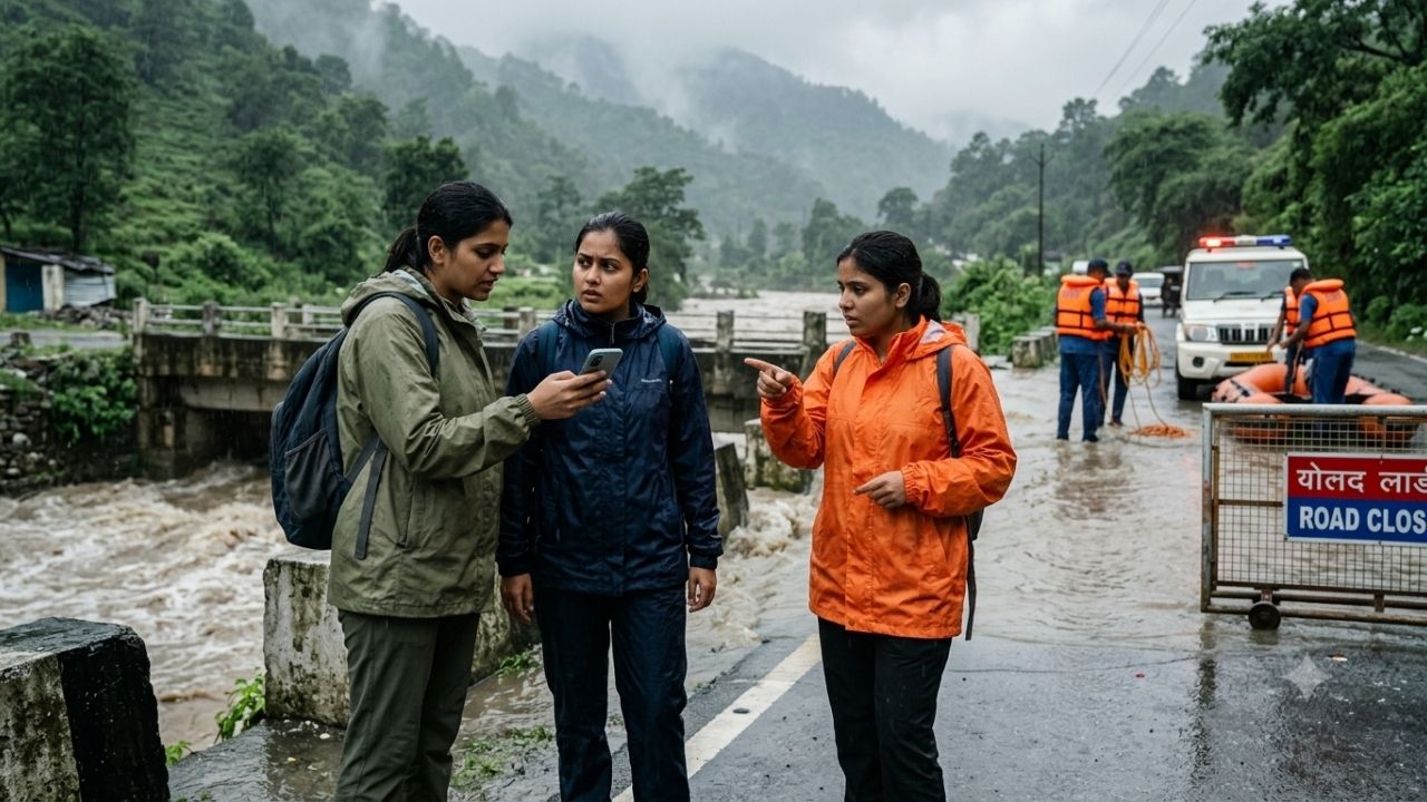 Mountain river swelling with floodwaters during monsoon in Dehradun Uttarakhand