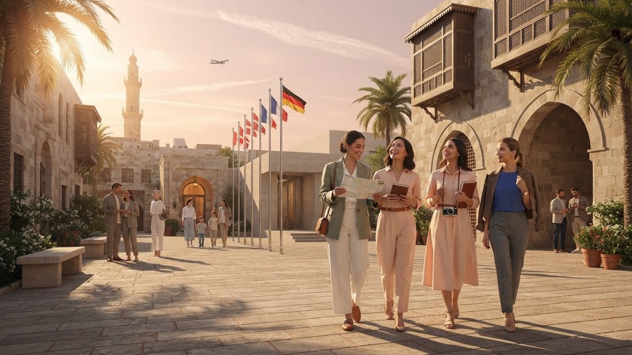 Diplomatic flags of Denmark, Canada, and European nations with a backdrop of historic Middle Eastern landmarks