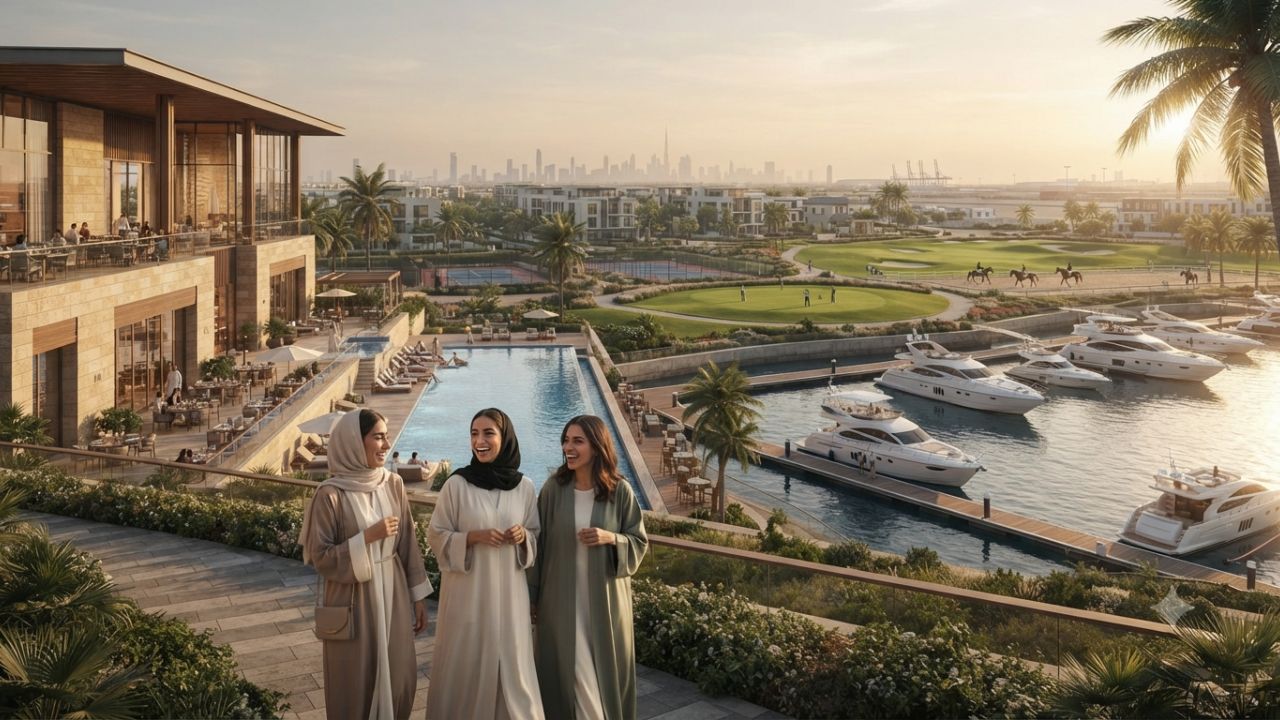 Aerial view of luxury beachfront resort and marina in Jebel Ali, Dubai