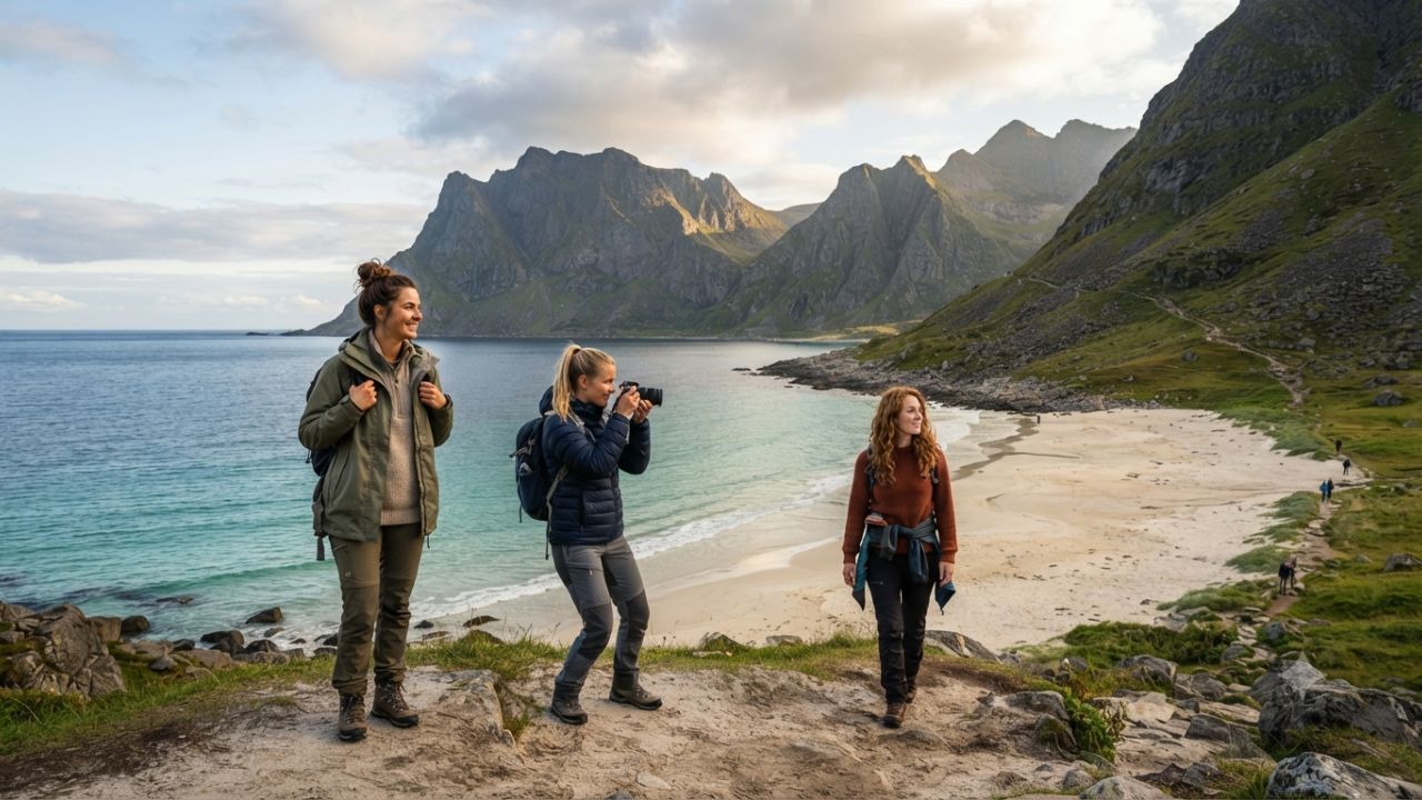 Dramatic coastal mountains and white sand beach in Lofoten Norway