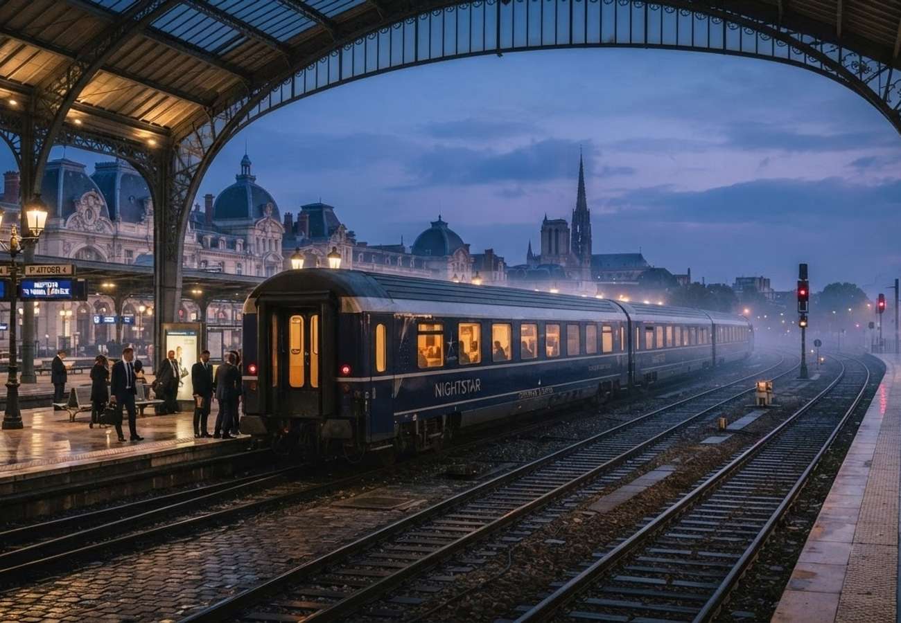 Modern European sleeper train traveling through a scenic landscape