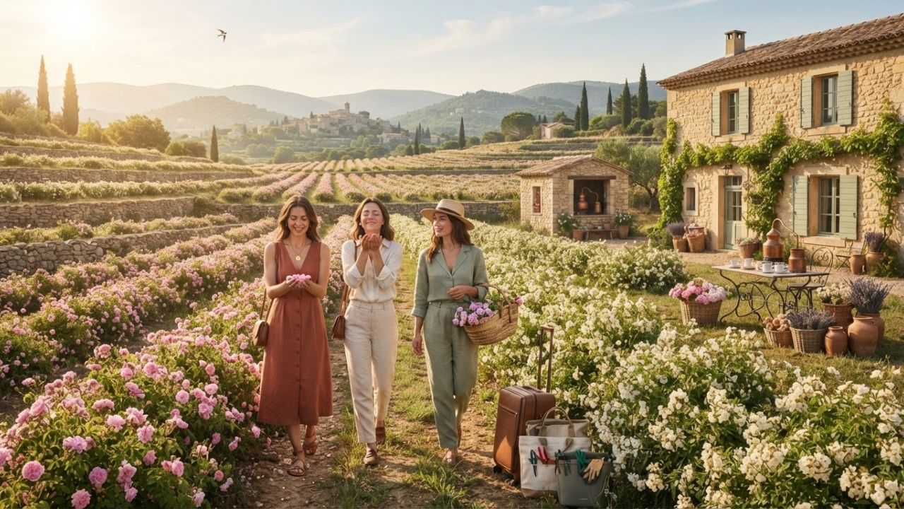 Blooming Centifolia rose fields and perfume distillation facilities in Grasse French Riviera