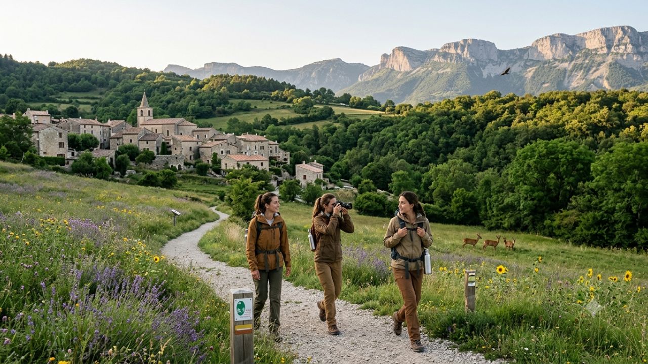 Scenic landscape of a French regional natural park with mountains and historic village