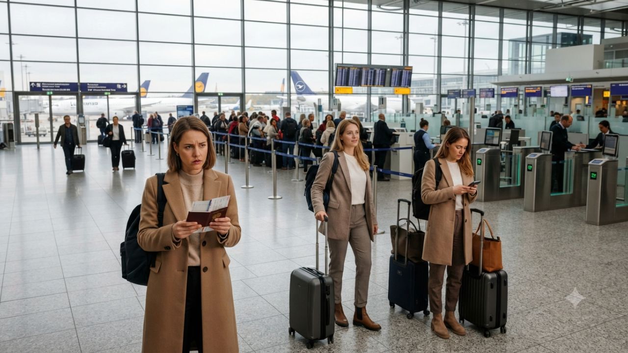 Frankfurt Airport passenger terminal with modern security screening CT scanners and travelers