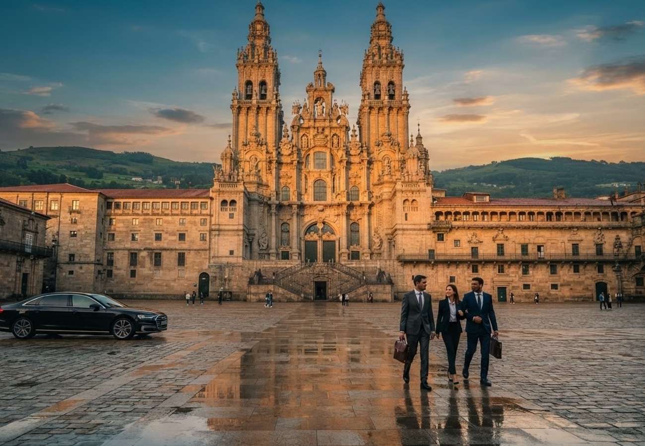 Aerial view of Santiago de Compostela cathedral and surrounding urban infrastructure