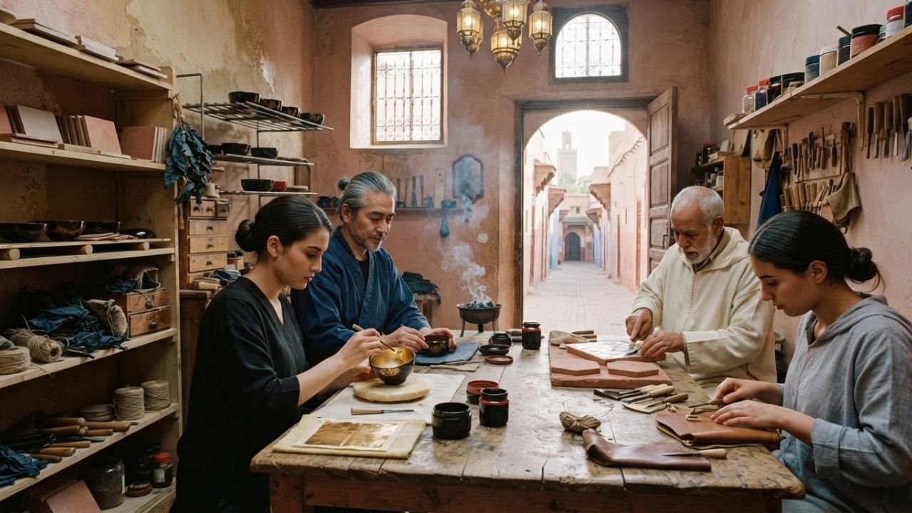Master artisan teaching traditional handcraft apprenticeship in historic workshop