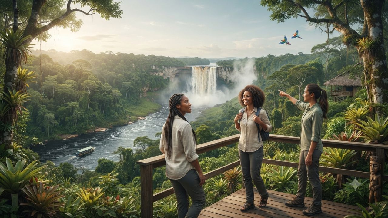 Dramatic aerial view of Kaieteur Falls plunging into the jungle gorge in Guyana