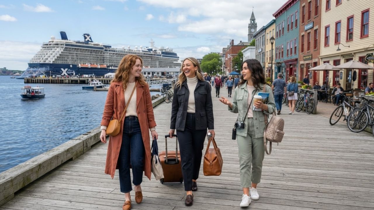 Halifax harbour waterfront boardwalk and cruise ship terminal in Nova Scotia Canada