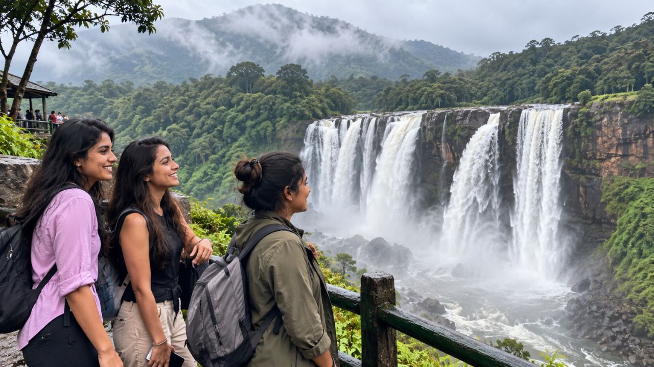Dramatic late-monsoon waterfall cascading down forested mountain cliff in India