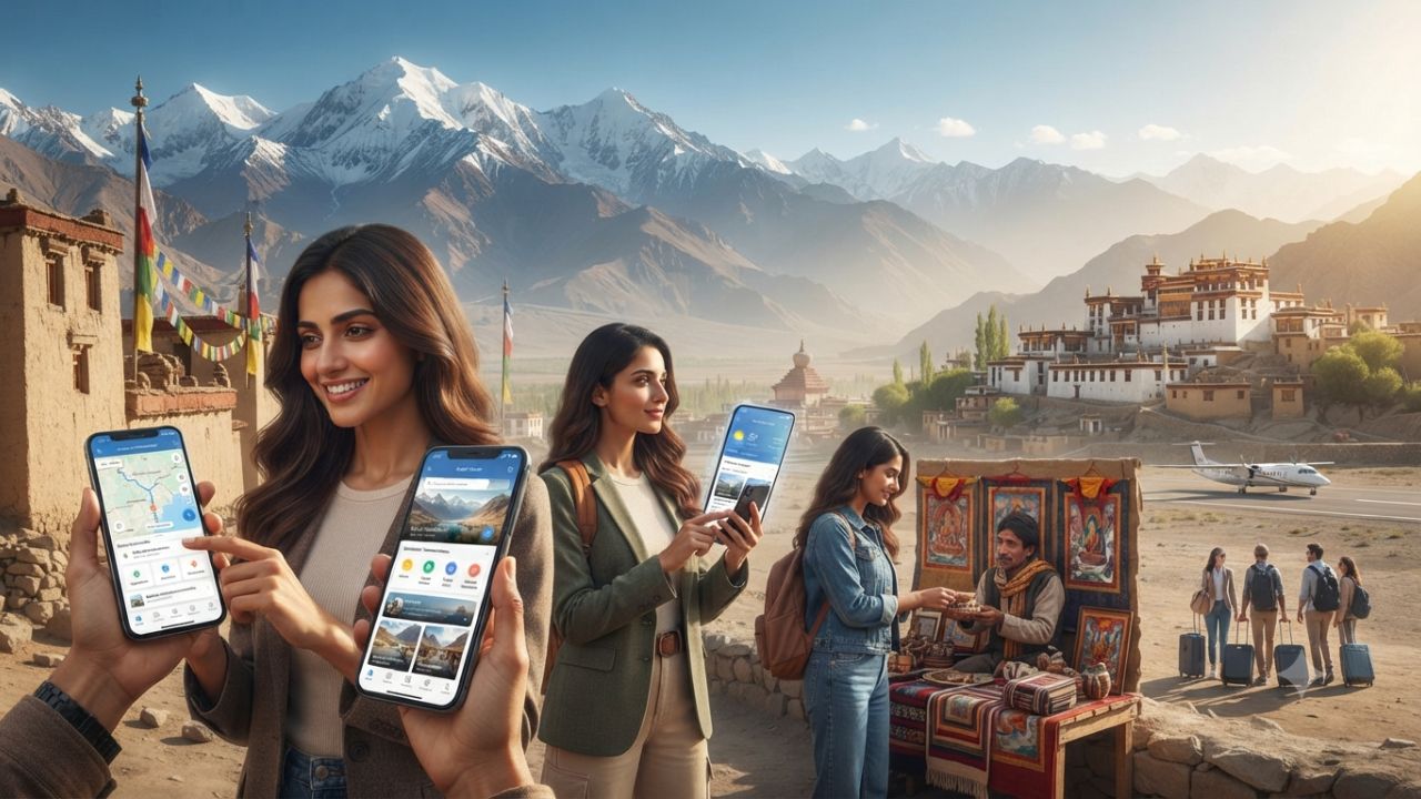 International travelers exploring cultural heritage site in India using smartphone digital app