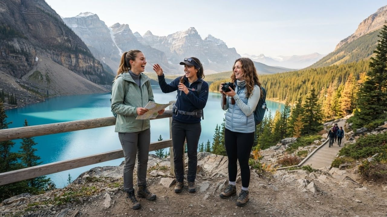 Small group hikers overlooking Moraine Lake in the Canadian Rockies under Air Canada Vacations adventure program
