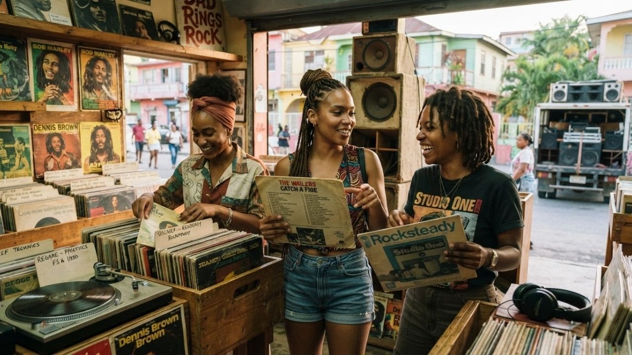 A vintage vinyl turntable playing a reggae record alongside custom speaker stacks in Kingston Jamaica