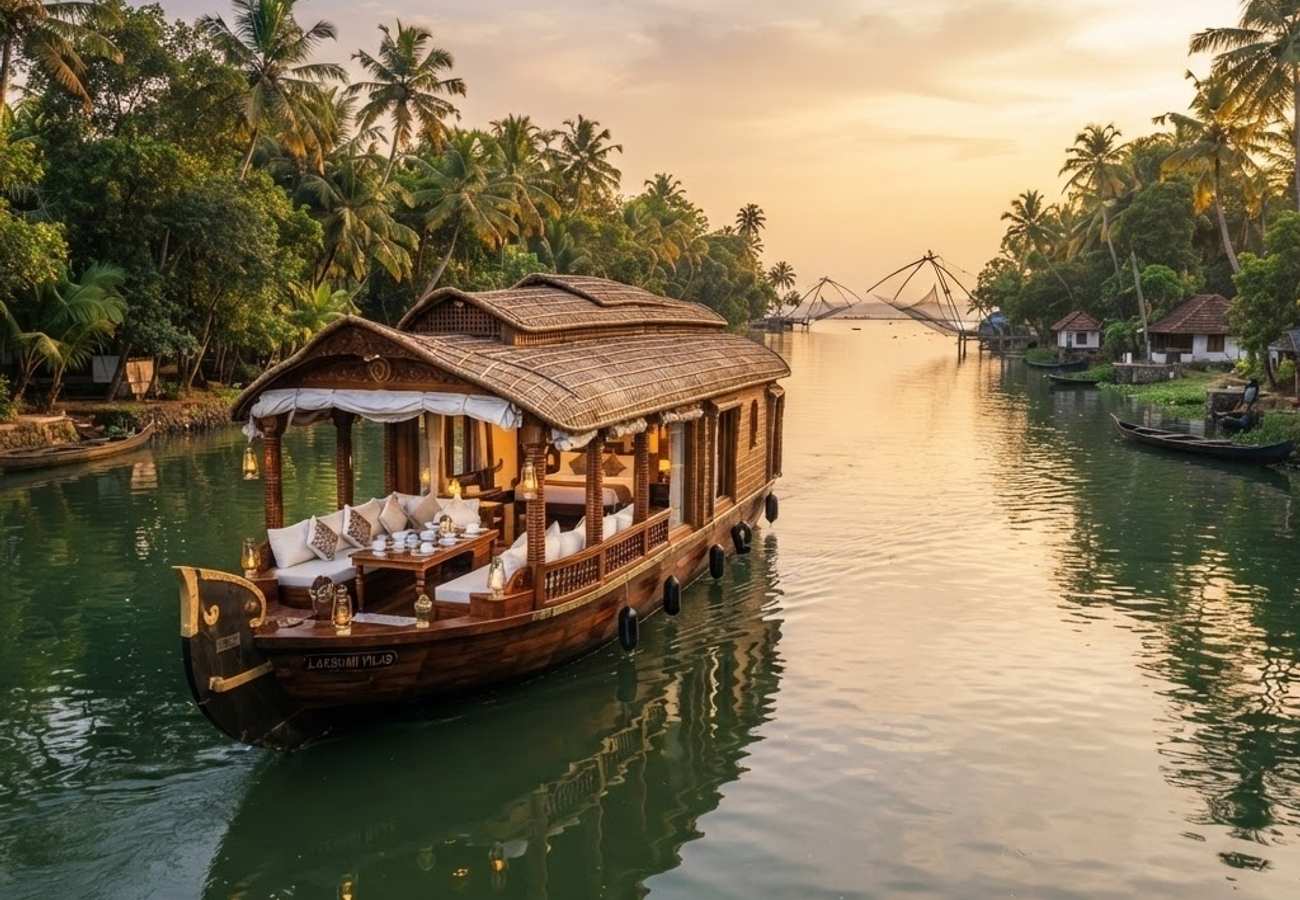 Scenic landscape of Kerala backwaters and luxury houseboats
