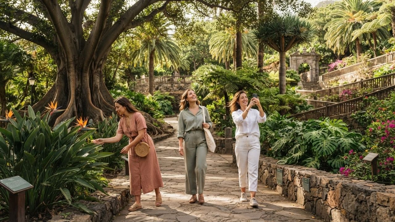 Historic exotic tropical trees and shaded walking pathways at Jardin de Aclimatacion de La Orotava in Puerto de la Cruz Tenerife