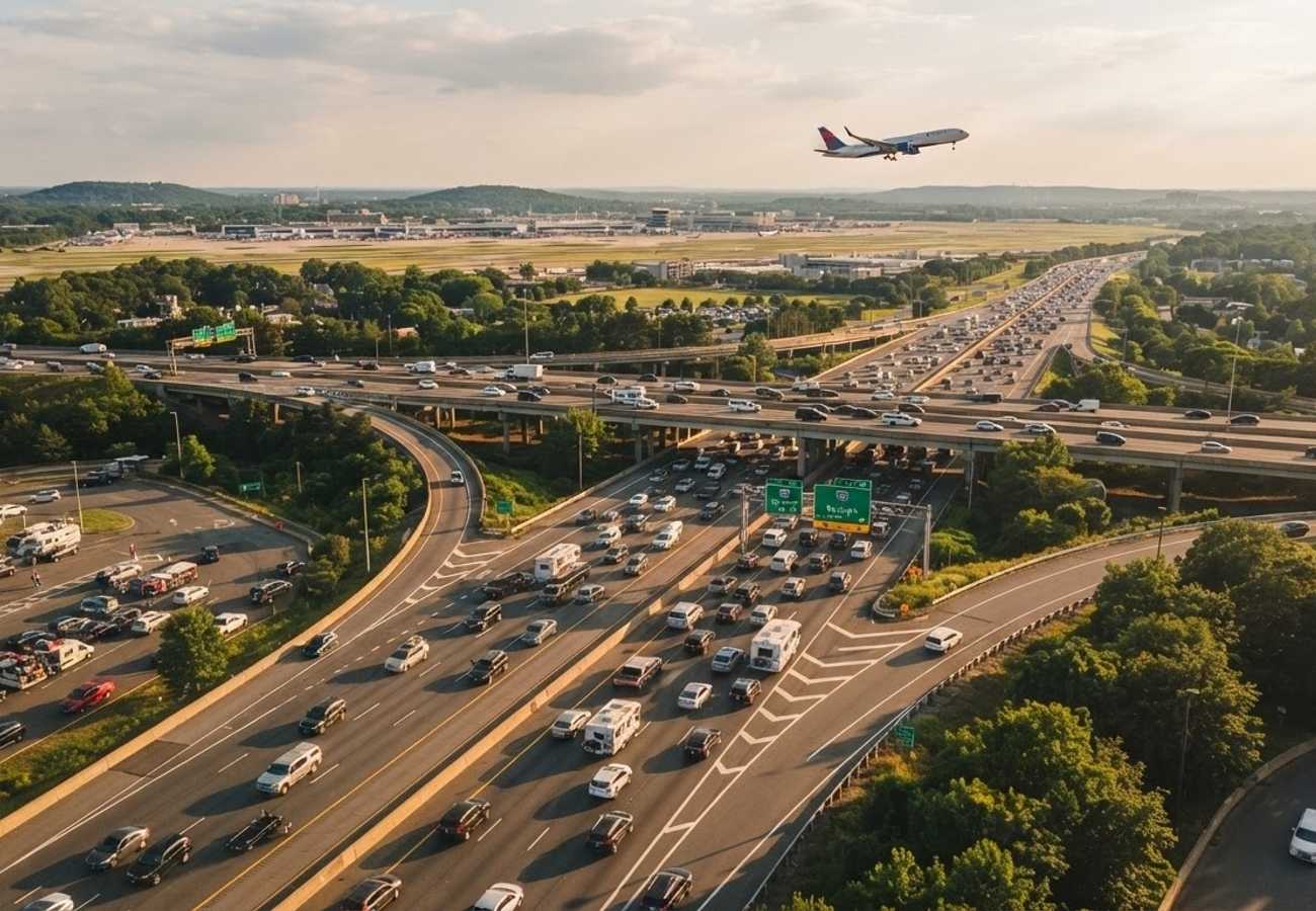 Busy US airport terminal during a holiday travel peak