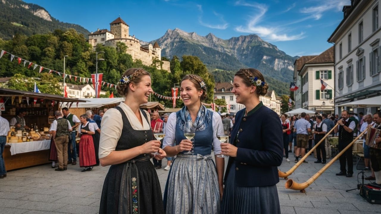 Vaduz Castle overlooking the Rhine Valley during Liechtenstein National Day celebrations