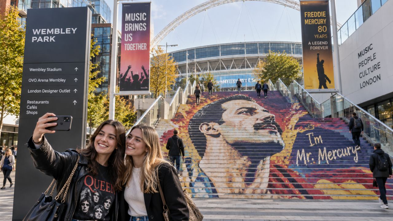 Frank Styles anamorphic 30-foot Freddie Mercury artwork installed across 58 Spanish Steps at Wembley Park London
