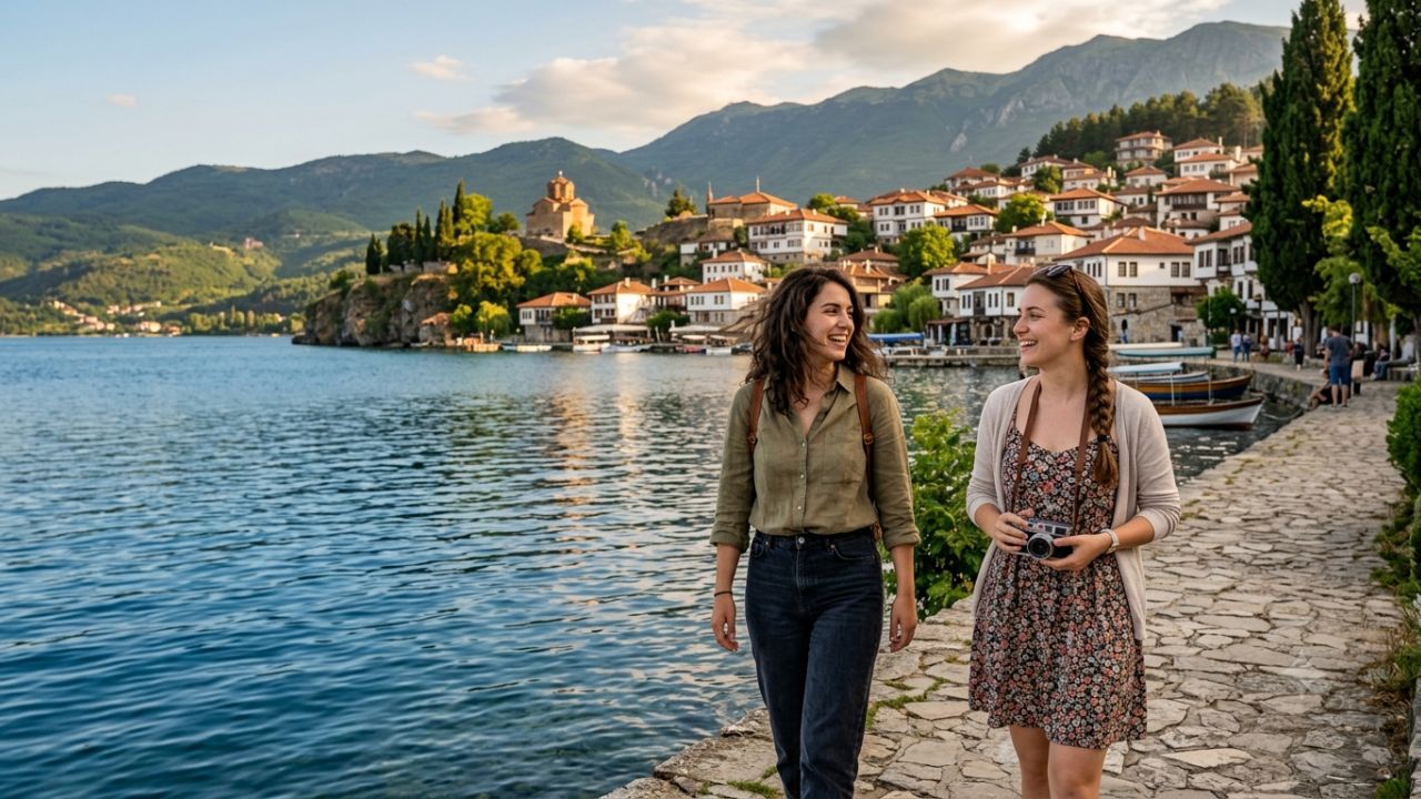 Scenic view of Lake Ohrid and historic churches in North Macedonia