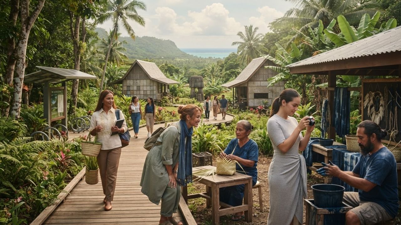 A lush tropical island coastline in the Asia Pacific region where community eco-tourism operates