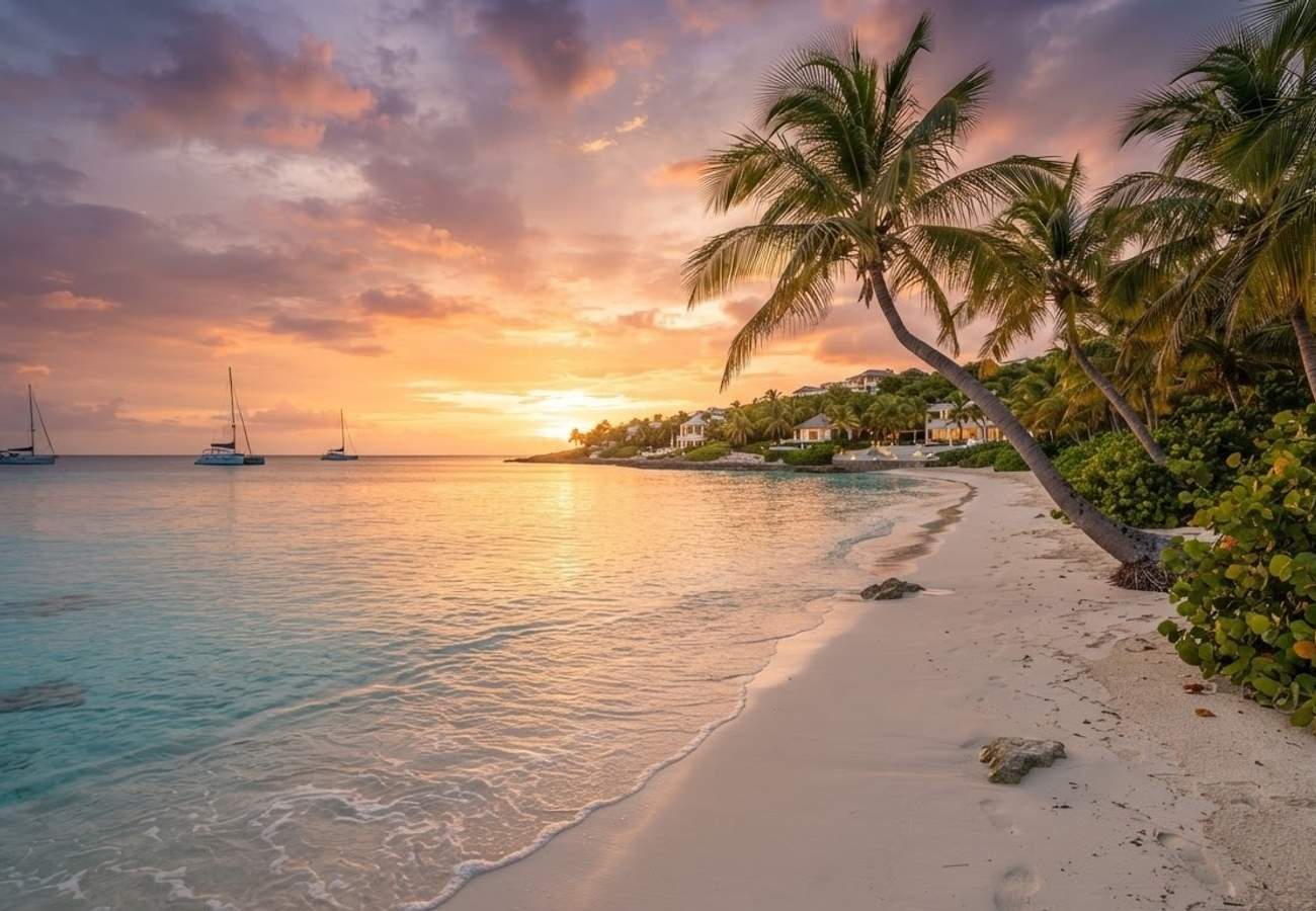 Aerial view of Caribbean coastline and resorts