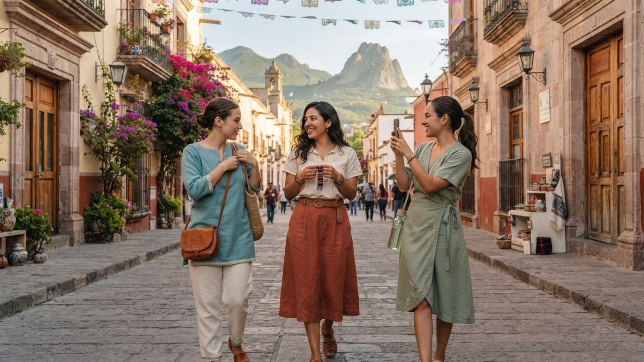 Historic aqueduct and colonial architecture in Santiago de Queretaro Mexico