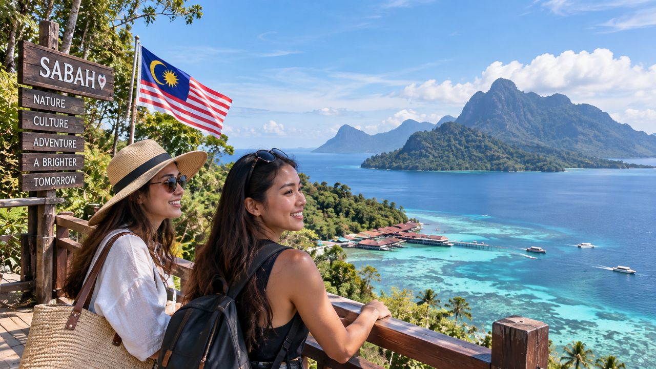 Scenic Sabah coastline and Mount Kinabalu in Malaysia