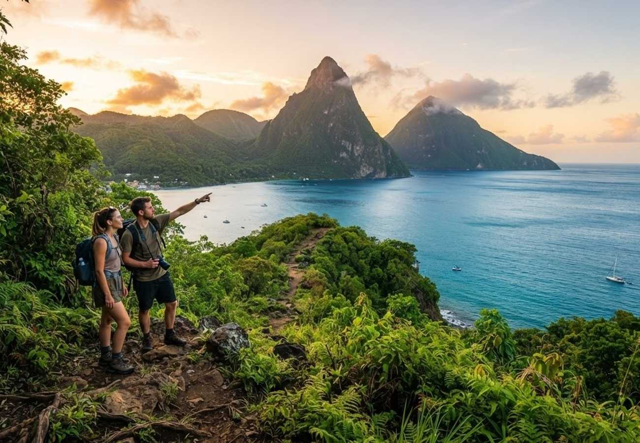 The dramatic volcanic peaks of the Pitons rising above the Caribbean Sea in Saint Lucia