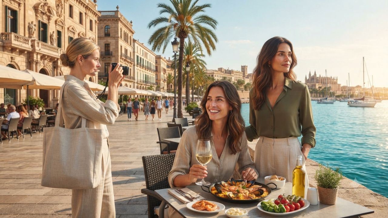 Scenic coastal tourism and historic architecture in Spain with international travelers