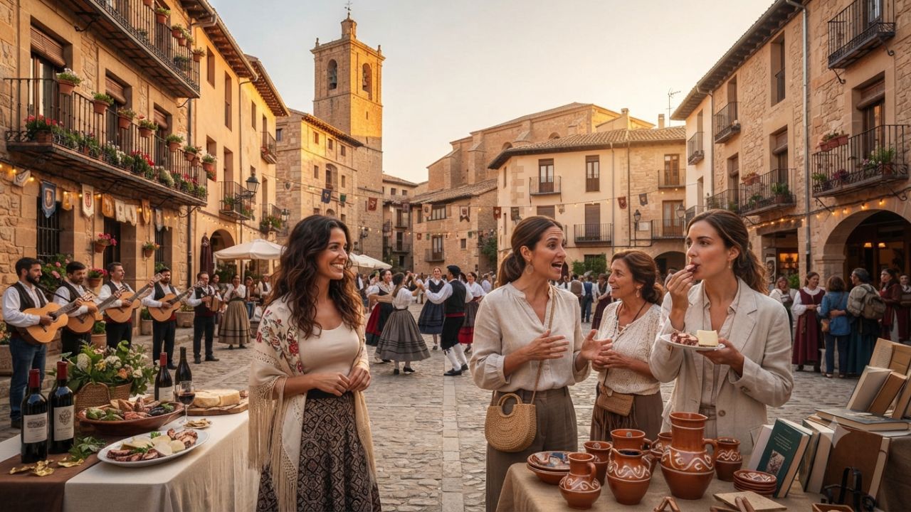 Traditional Spanish festival parade with performers in historic medieval costumes