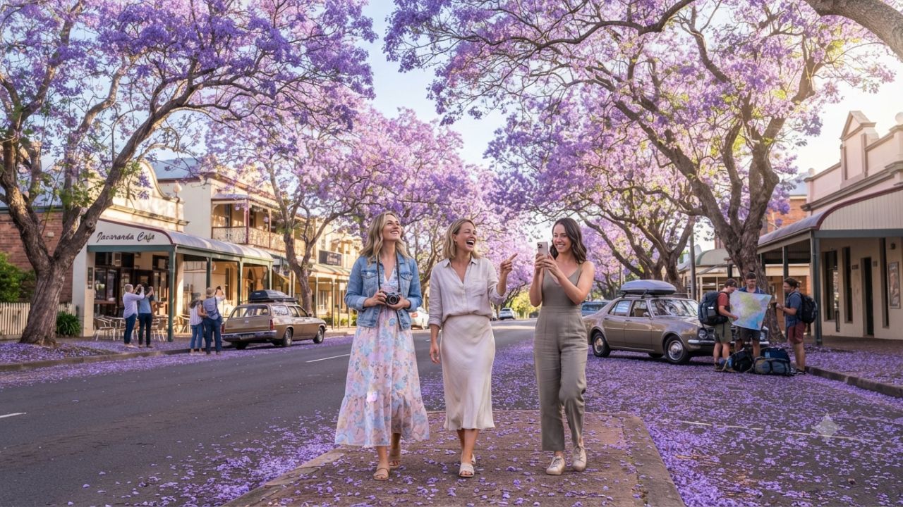 Purple jacaranda trees blooming along street avenues in Grafton New South Wales Australia