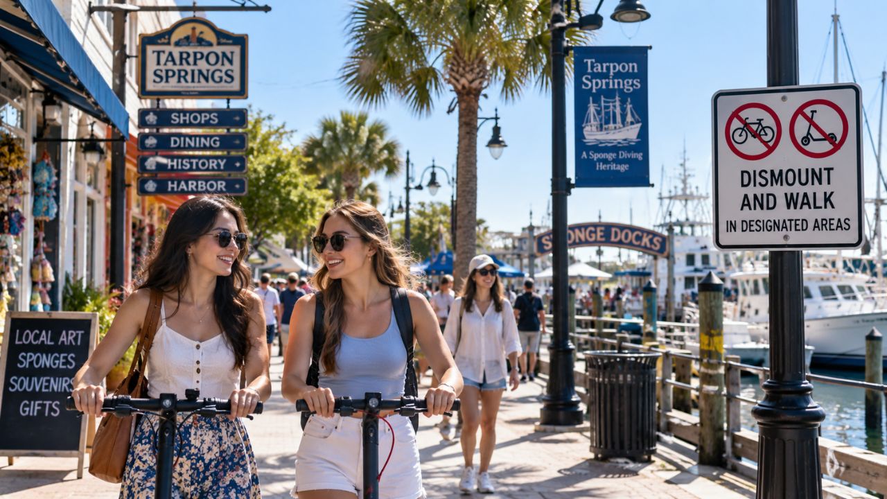 Pedestrian walkway along the historic Sponge Docks in Tarpon Springs Florida