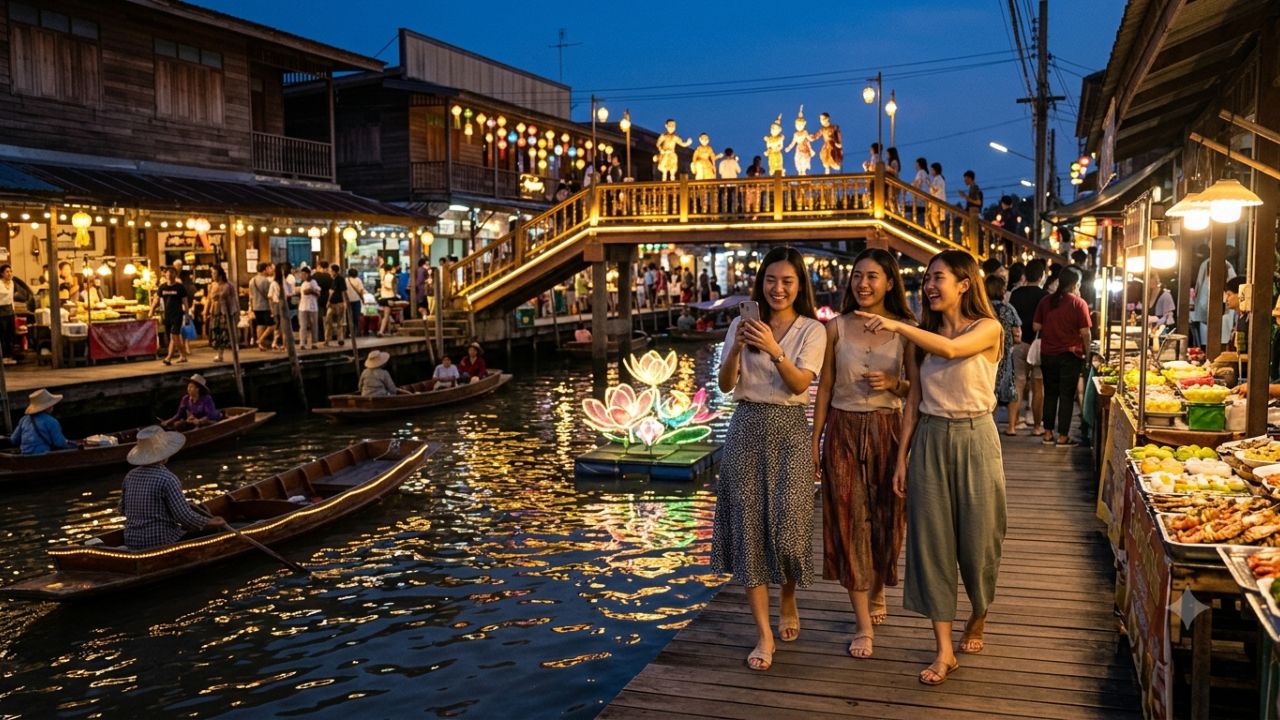 Illuminated floating market and riverside light installations during Neramit Amphawa 2026 in Samut Songkhram