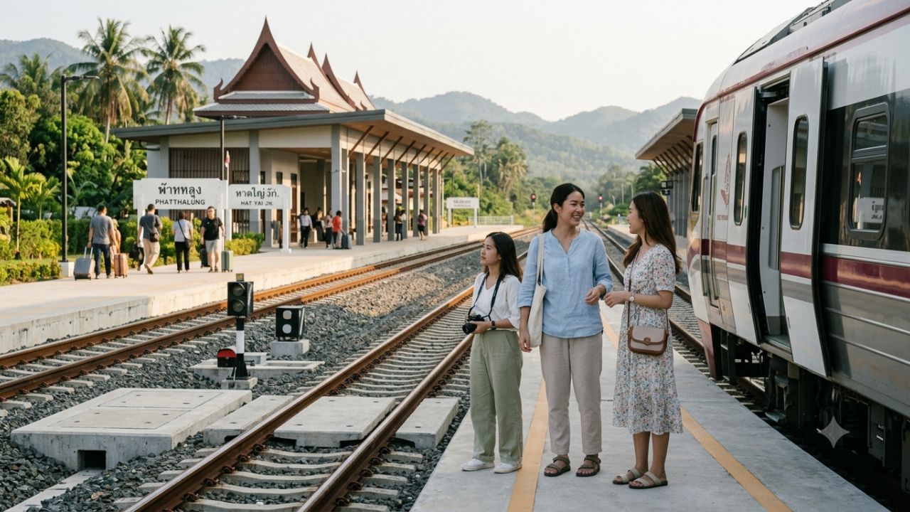 Modern double-track train navigating through southern Thailand coastal rail corridor