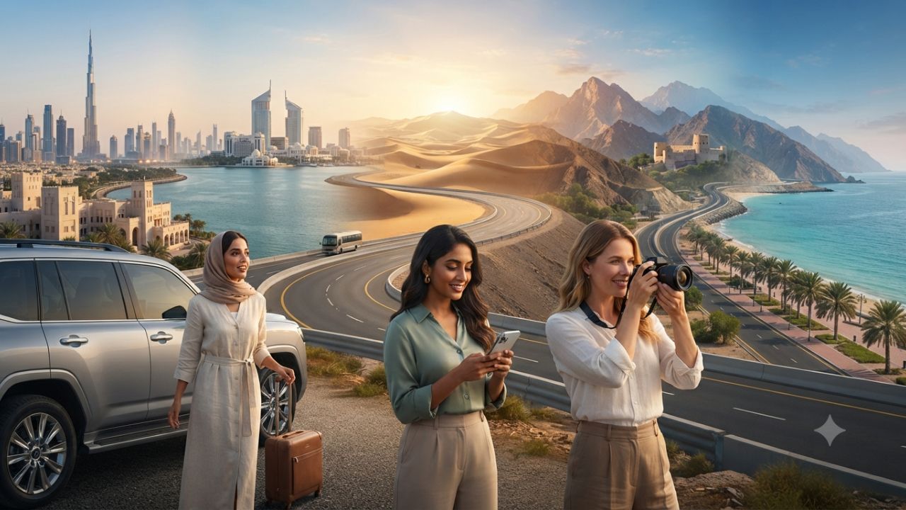 Modern UAE skyline meeting desert dunes under clear skies