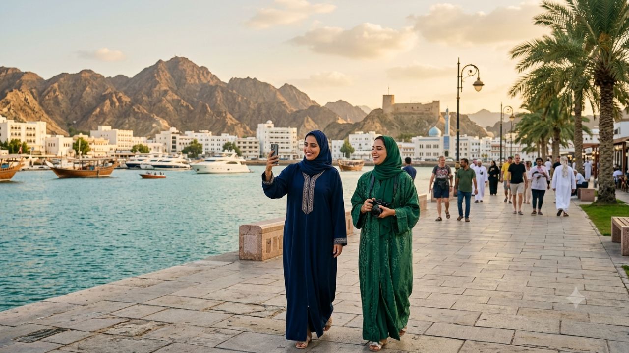 Scenic view of Jebel Akhdar mountains and traditional resort infrastructure in Oman 2026