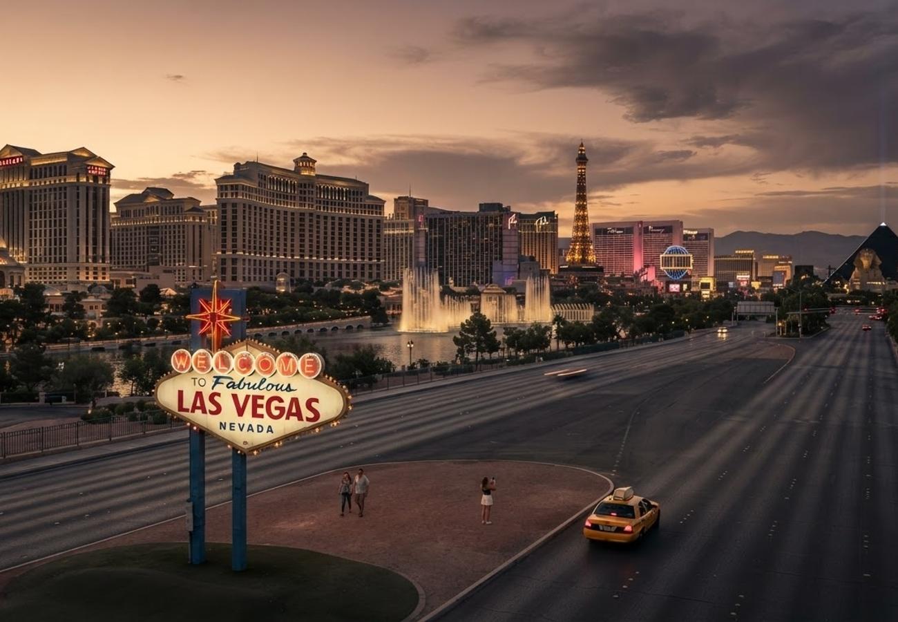 Aerial view of Las Vegas Strip showing resorts and casinos