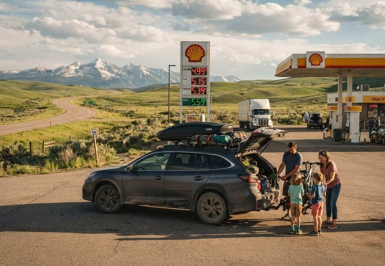 US highway landscape representing road trip travel and fuel costs
