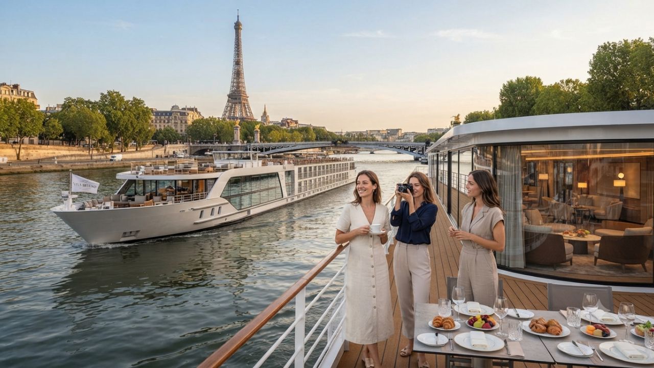 VIVA BEYOND luxury river cruise vessel sailing along the Seine River in France