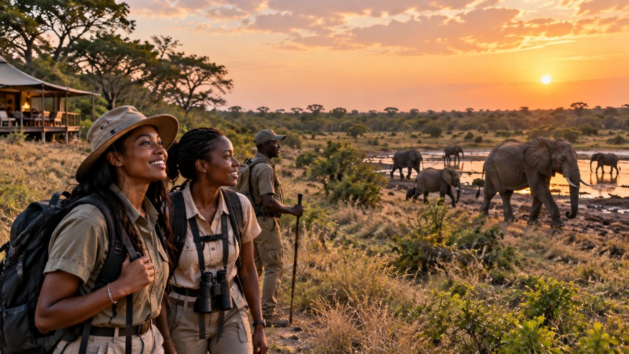 Guided walking safari group observing elephant herds in Northern Hwange National Park Zimbabwe