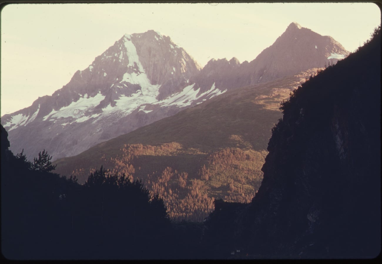 Sheer canyon cliffs winding through Keystone Canyon near Valdez Alaska