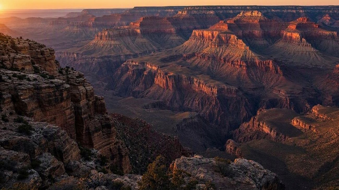 Grand Canyon South Rim sweeping panoramic overlook with layered red canyon walls at sunset