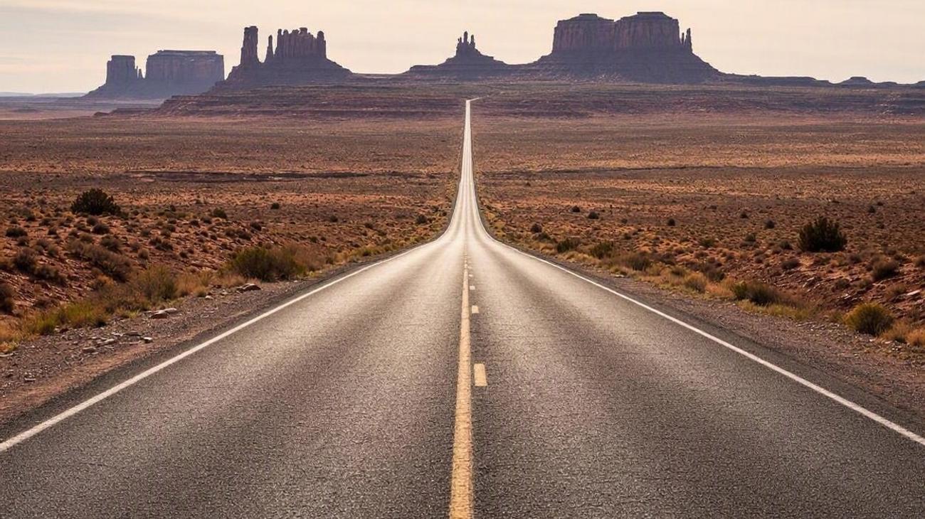 Monument Valley scenic highway stretching toward iconic red sandstone mittens under Southwest desert sky