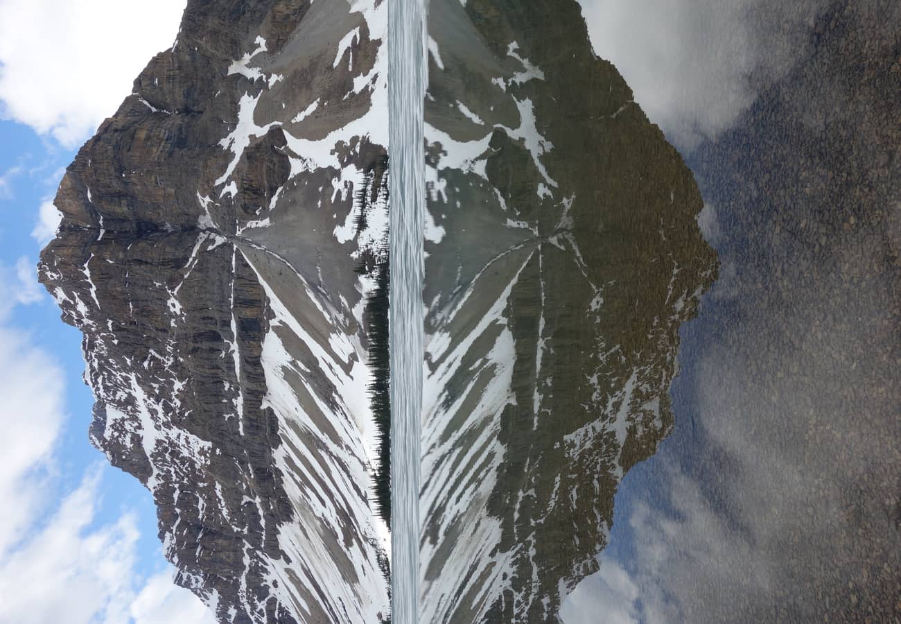 The quiet mirror-smooth waters of Hector Lake surrounded by dense pine forests in northern Banff