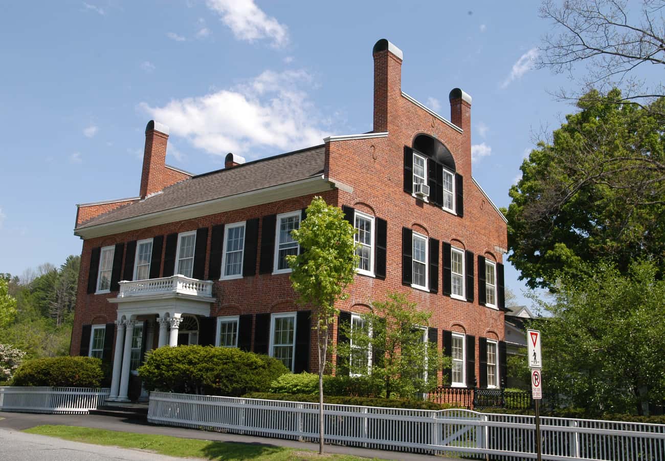 Historic brick architecture and village green in Woodstock Vermont