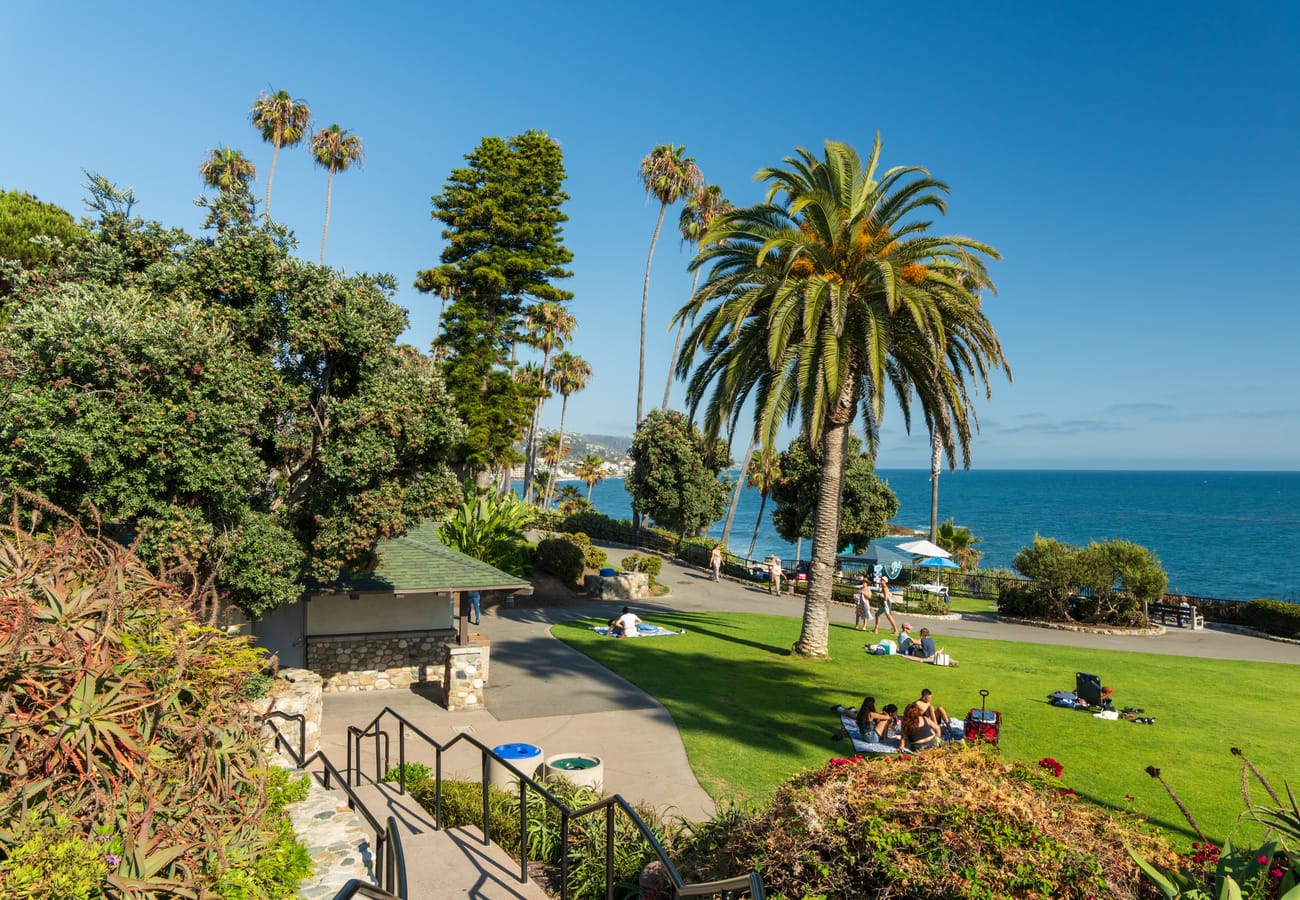 Heisler Park seaside gardens and coastal cliffs overlooking turquoise ocean coves in Laguna Beach