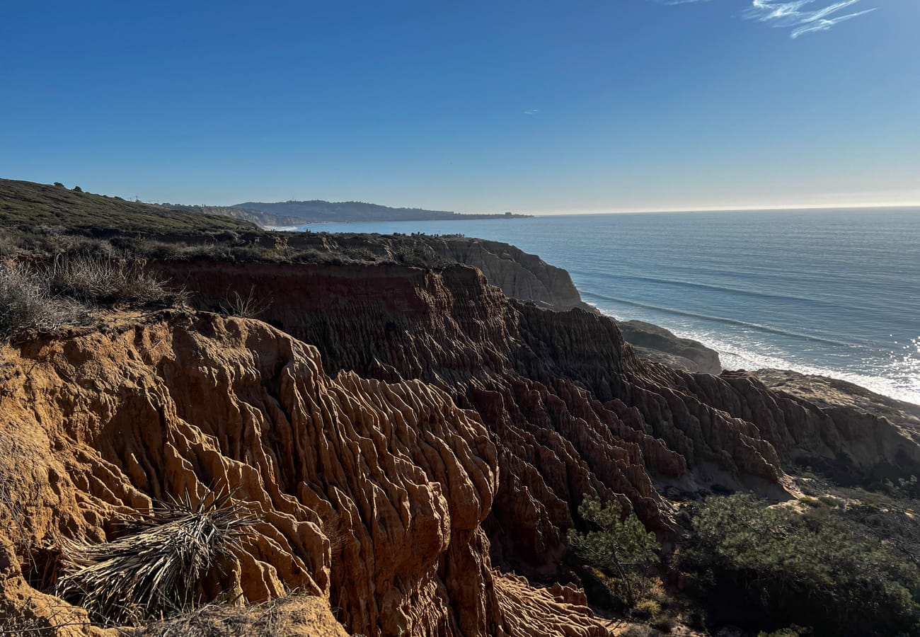 Torrey Pines State Natural Reserve coastal bluffs and sandstone cliffs overlooking the Pacific Ocean in San Diego