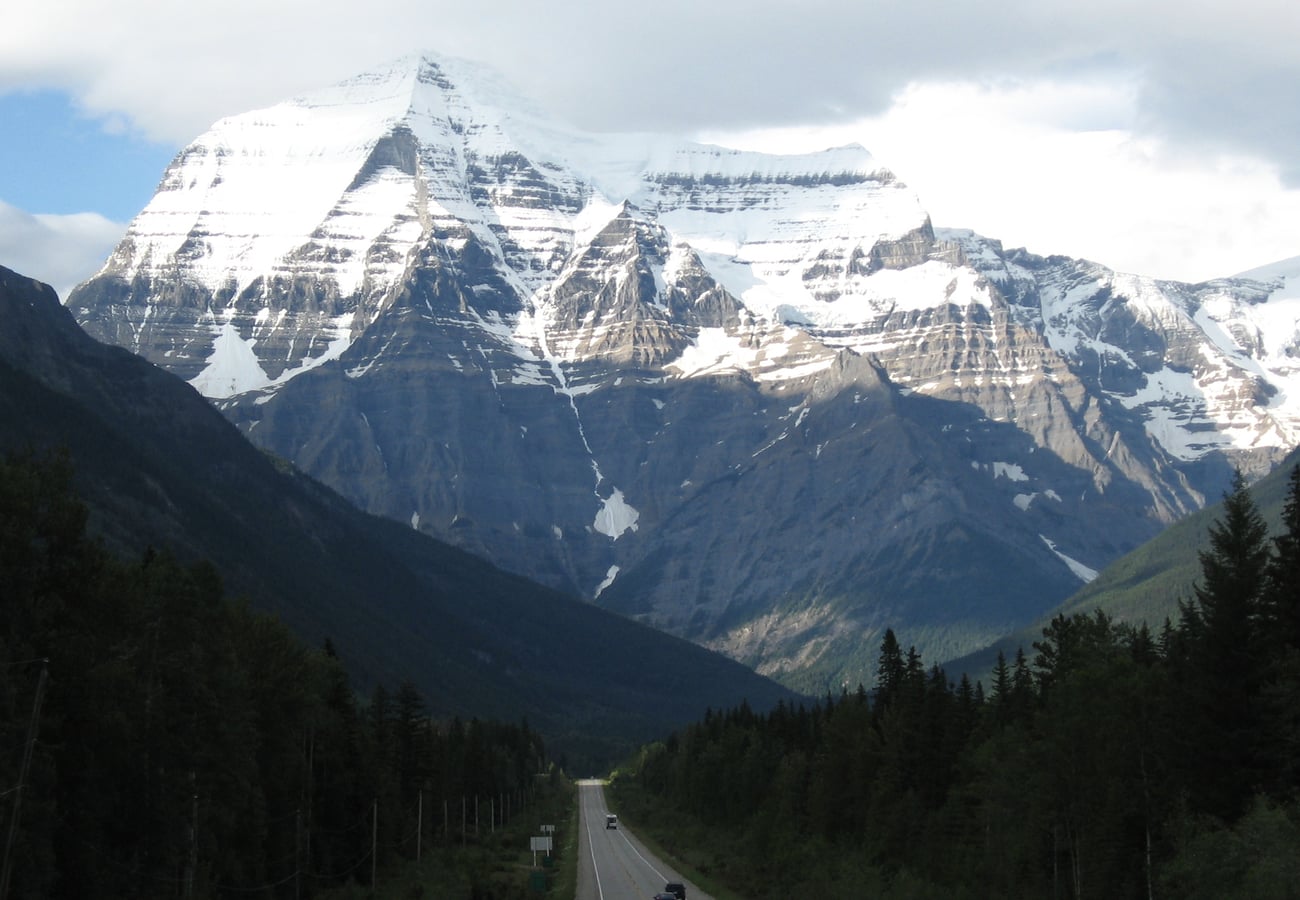 Mount Robson peak towering above the Yellowhead Highway
